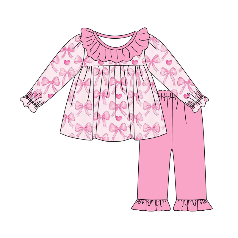Preorder (moq 5)Baby Girls Pink Hearts Bows Tunic Ruffle Pants Valentine Clothes Sets
