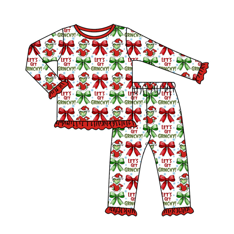 Preorder(moq 5) Baby Girls Christmas Let's Go Frog Top Pants Lounge Wear Pajamas Sets