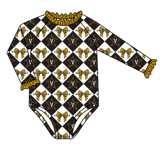 Preorder (moq 5)Baby Girls Long Sleeve Stars V Bows Checked Team Ruffle Rompers