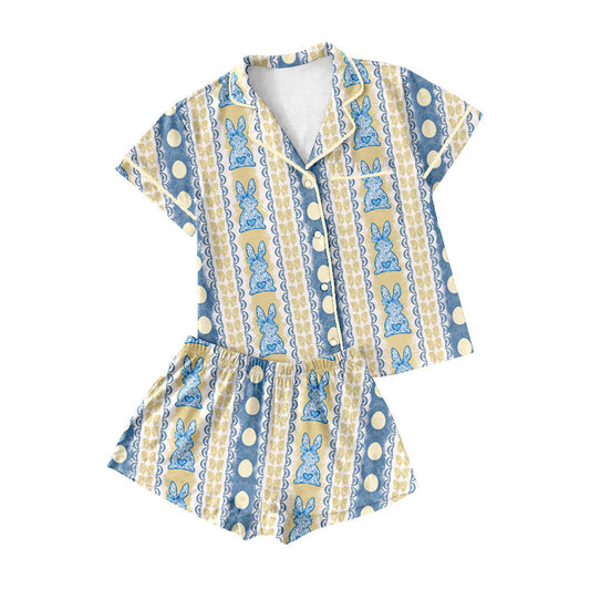 Preorder (moq 5)Baby Girls Floral Rabbits Eggs Stripe Button Pocket Top Shorts Easter Pajamas Sets