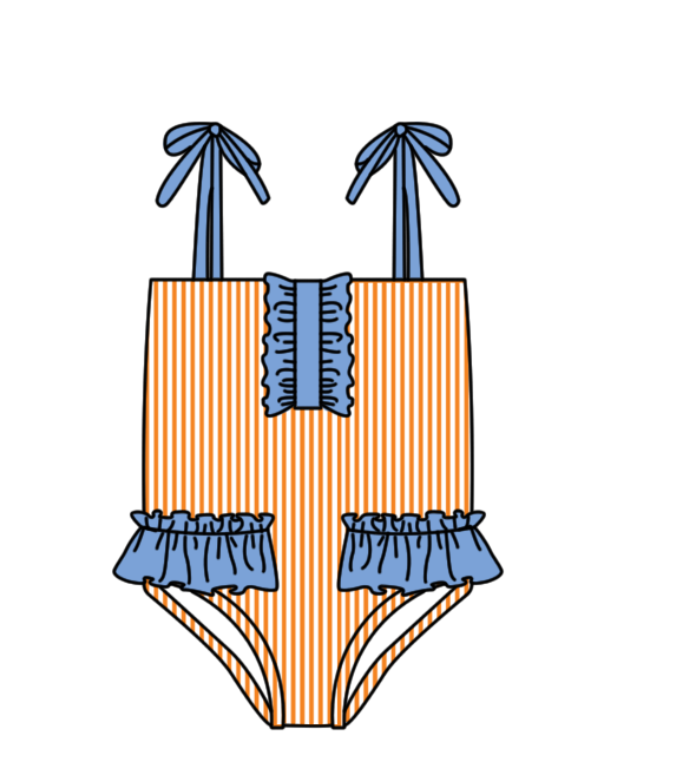 Preorder moq 5 Baby Girls Strap Orange Stripe Team Swimsuits