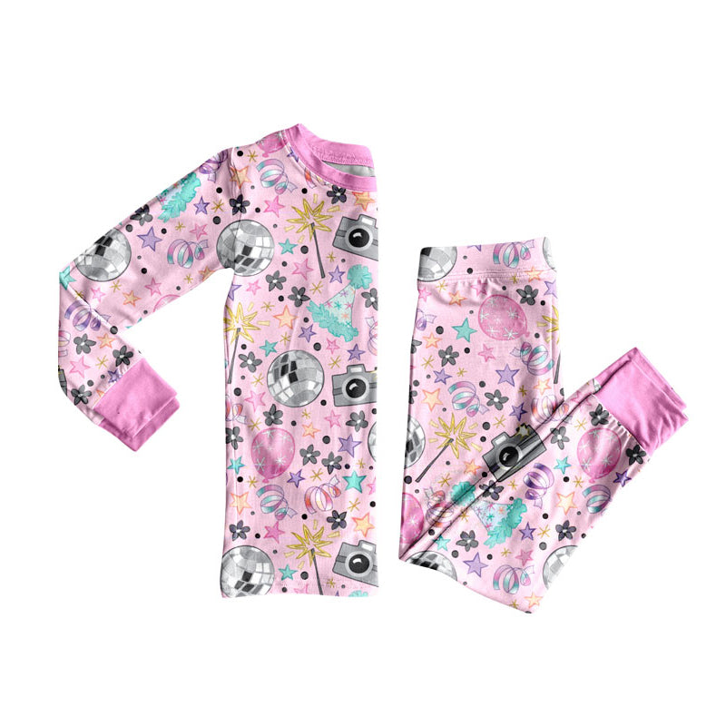 Preorder (moq 20)Baby Girls Bamboo Colorful Stars Balls Happy New Year Pajamas Sets