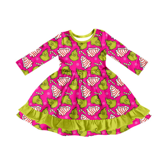 Preorder (moq 5)Baby Girls Green Face Candy Cane Christmas Ruffle Knee Length Dresses