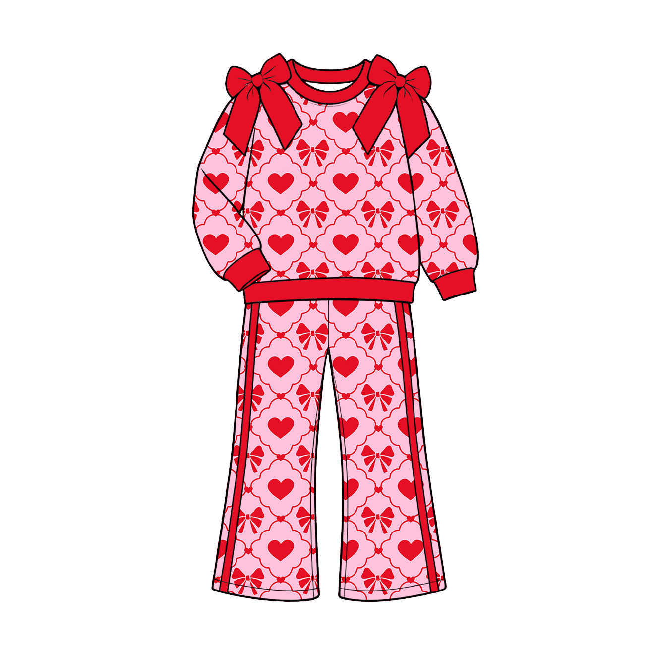 Preorder (moq 5) Girls’ Fall Valentine’s Day Pink Heart Bow Crewneck Long-Sleeve Sweatshirt & Wide-Leg Pants Set