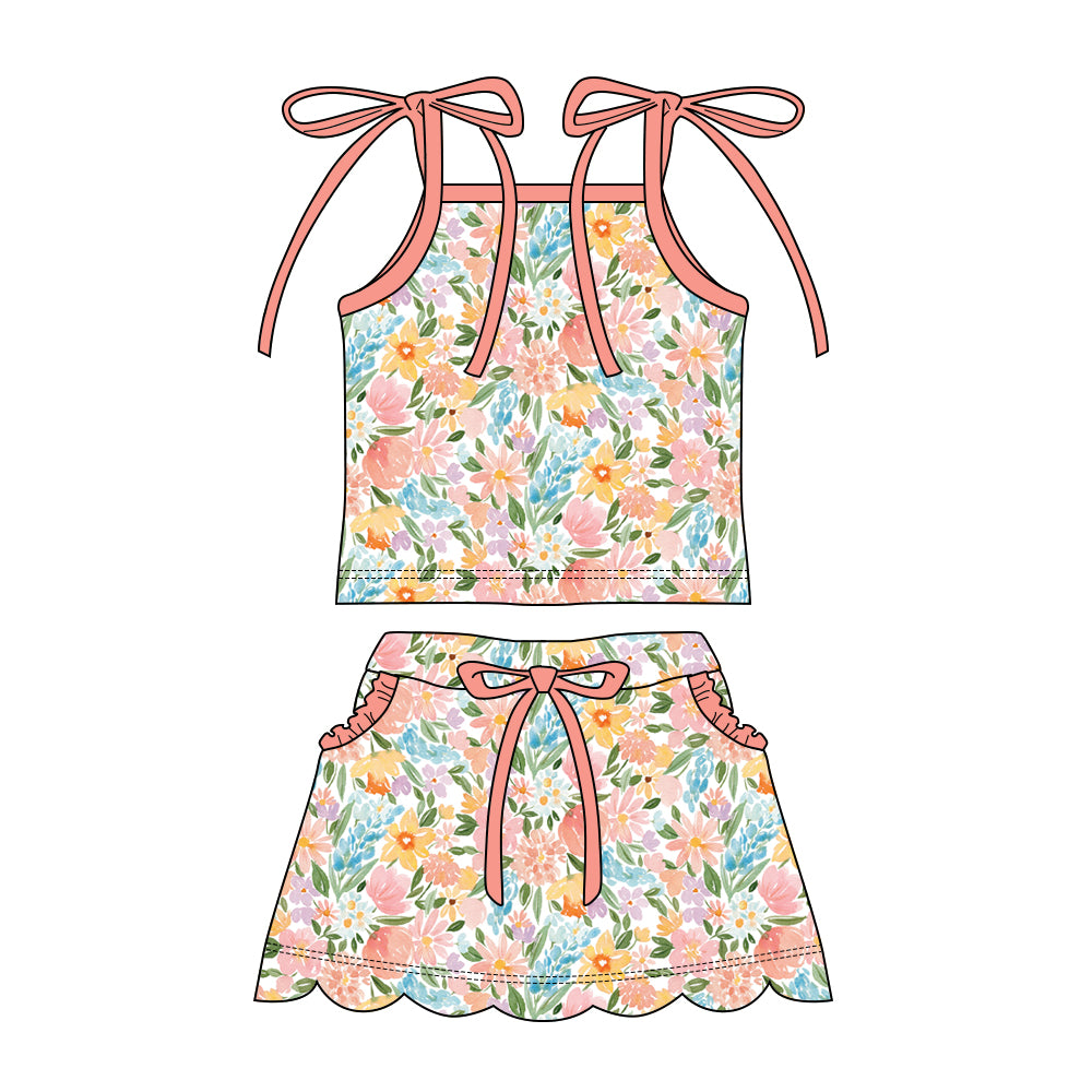 Preorder moq 5 Baby Girls Strap Colorful Flowers Top Pockets Scallop Skirt Short Clothes Sets