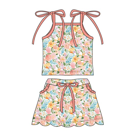 Preorder moq 5 Baby Girls Strap Colorful Flowers Top Pockets Scallop Skirt Short Clothes Sets