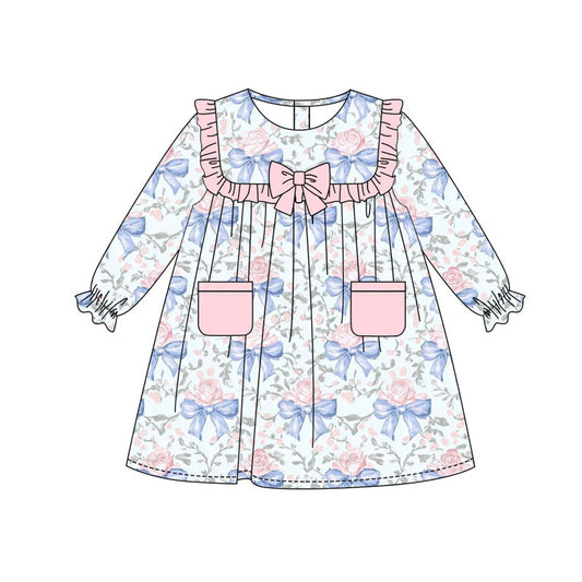 Preorder(moq 8)Baby Girls Flowers Bows Pockets Ruffle Sleeve Knee Length Dresses