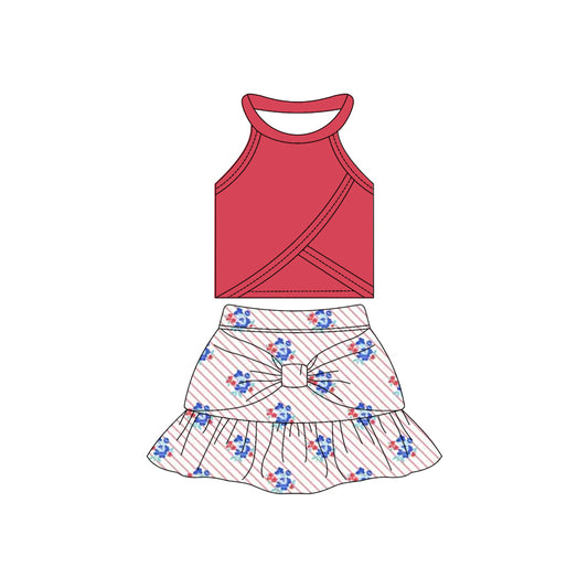 Preorder moq 10 Baby Girls Sleeveless Red Vest Top Flowers Stripe Ruffle Short Skirts Activity Wear Yoga Set