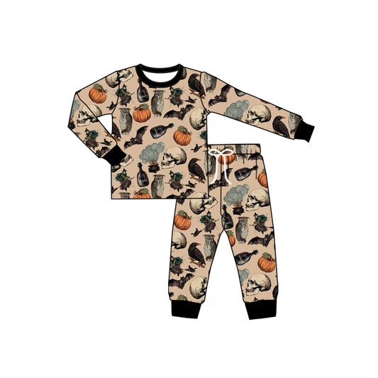 Preorder (moq 5)Baby Boys Black Long Sleeves Bats Pumpkins Button Top Pant Pajamas Set