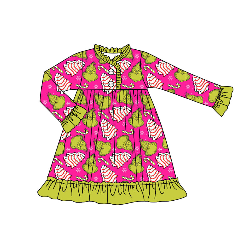 Preorder (moq 5)Baby Girls Green Face Candy Cane Christmas Button Ruffle Knee Length Dress