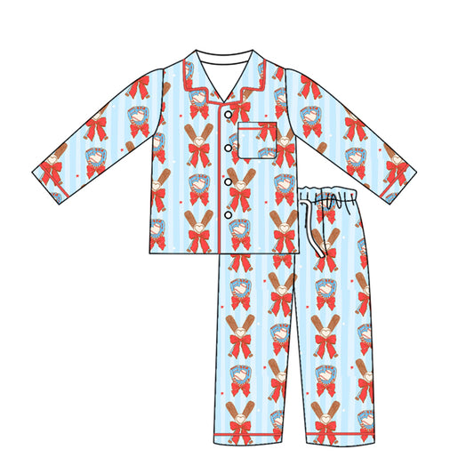 Preorder (moq 5)Baby Girls Bows Baseballs Stripe Button Pocket Top Pant Team Pajamas Sets