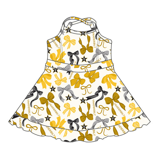 Preorder (moq 5)Baby Girls Strap Yellow Bows Plaid Vanderbilt Short Ruffle Team Knee Length Dresses