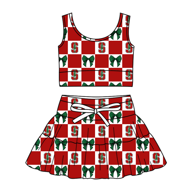 Preorder (moq 5)Baby Girls Stanford Bows Checked Vests Top Skirt Short Team Clothes Sets