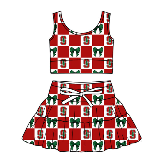 Preorder (moq 5)Baby Girls Stanford Bows Checked Vests Top Skirt Short Team Clothes Sets
