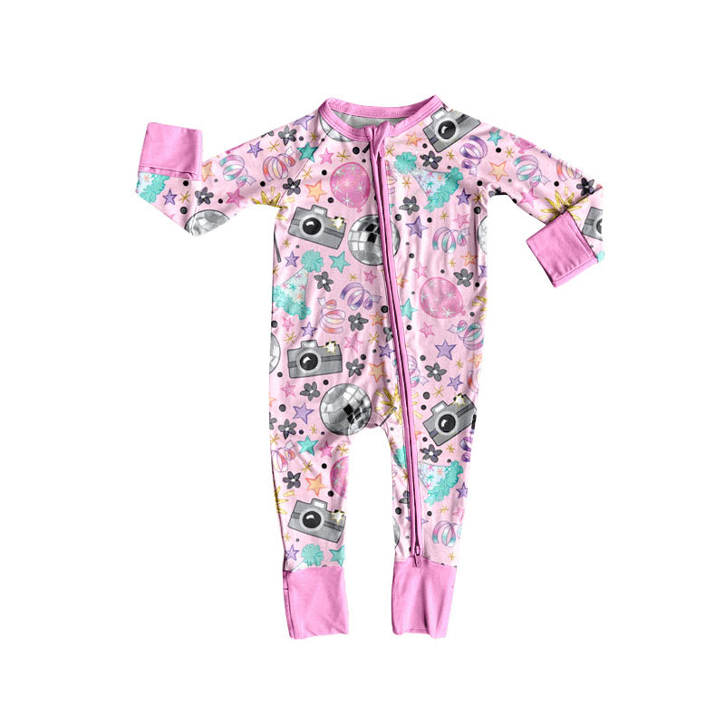 Preorder (moq 20)Baby Girls Bamboo Colorful Stars Balls Happy New Year Zippy Footie Rompers