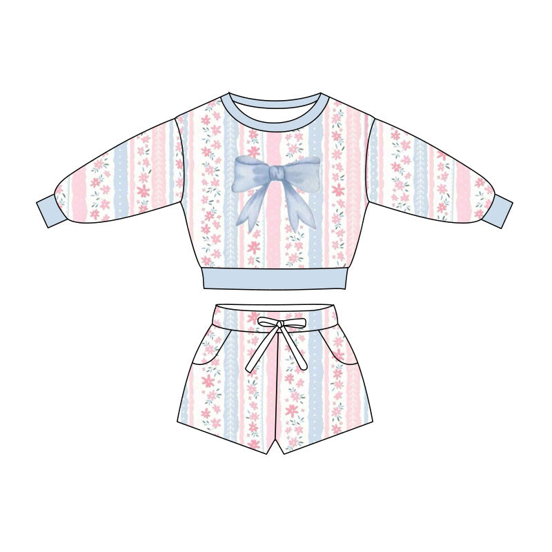 Preorder(moq 5) Baby Girls Flowers Bows Long Sleeve Pockets Shorts Clothes Sets