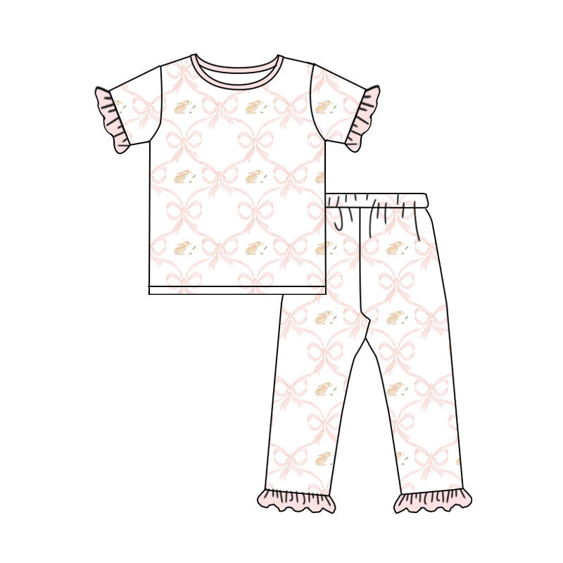Preorder(moq 8)Baby Girls Rabbits Bows Checked Top Ruffle Pants Easter Pajamas Sets