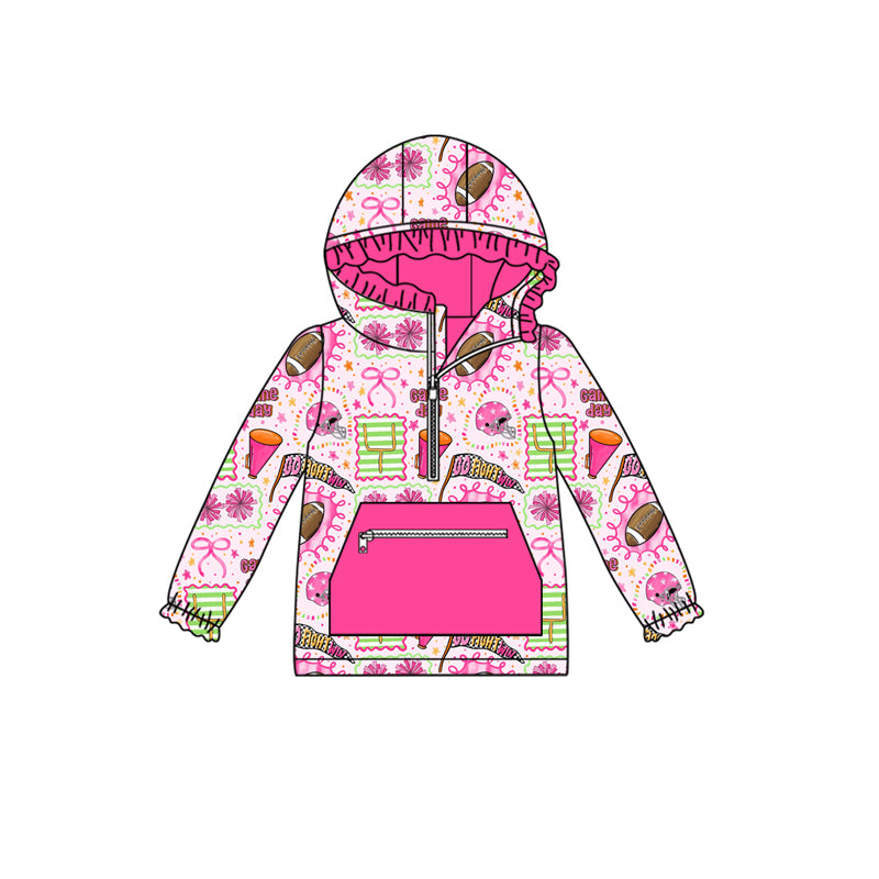 Preorder (moq 5)Baby Girls Long Ruffle Sleeves Bows Footballs Pocket Zipper Hoodies Top