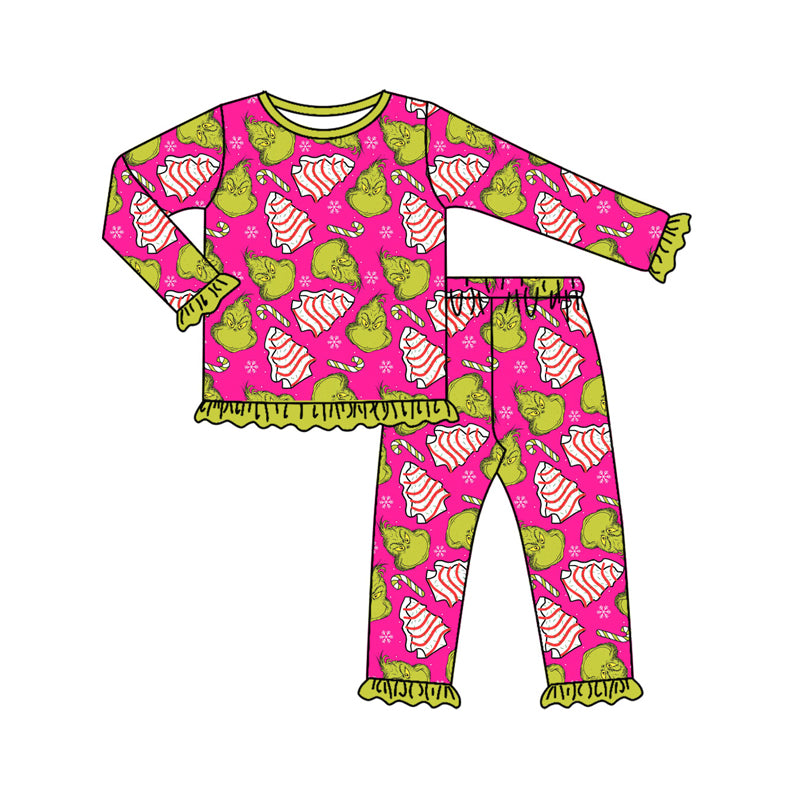 Preorder (moq 5)Baby Girls Green Face Candy Cane Top Ruffle Pants Christmas Pajamas Set