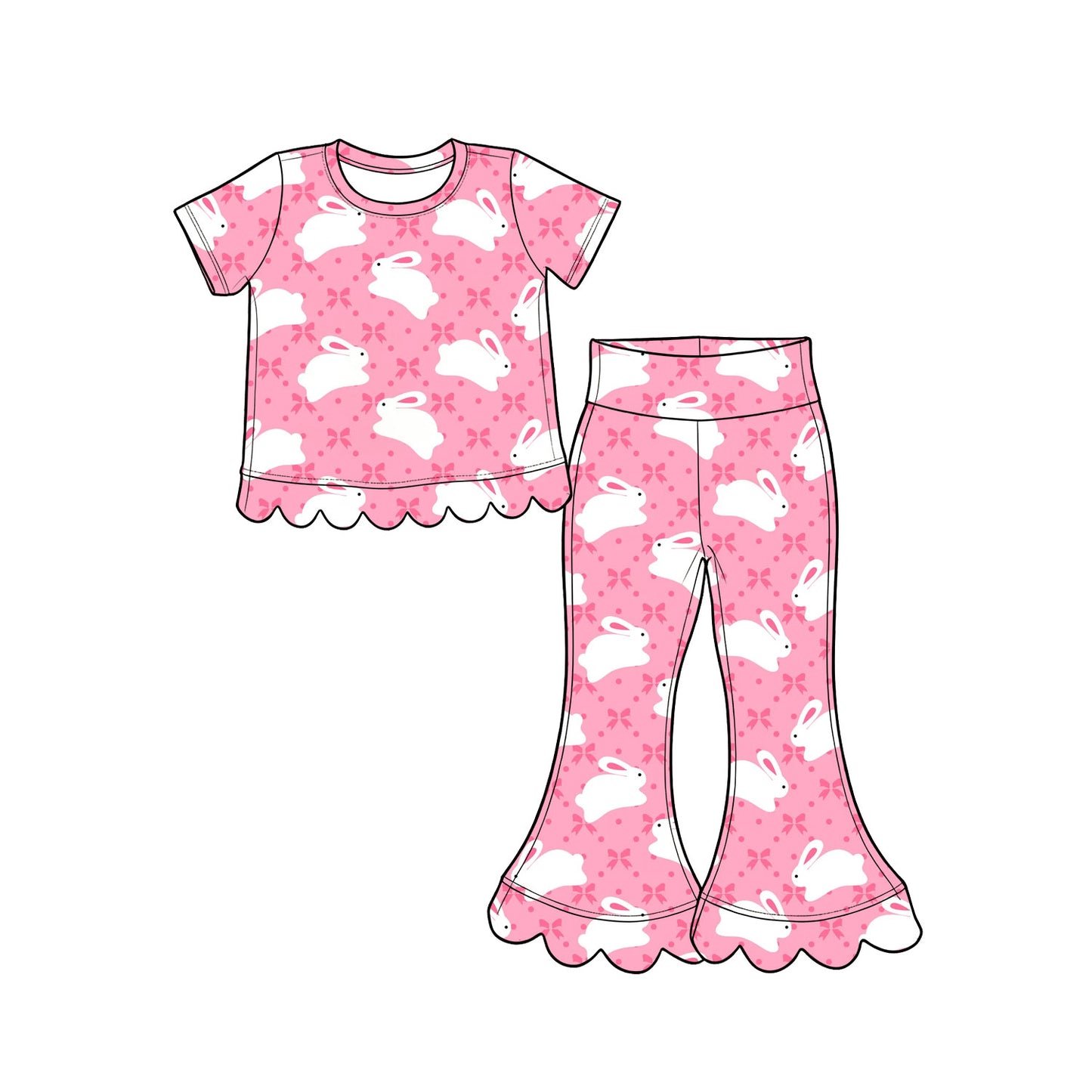 Pre-order(moq5) Baby Girls’ & Girls’ Spring Easter Pink Cute Rabbit Print Ruffle Crew Neck Short Sleeve Flare Pants Set