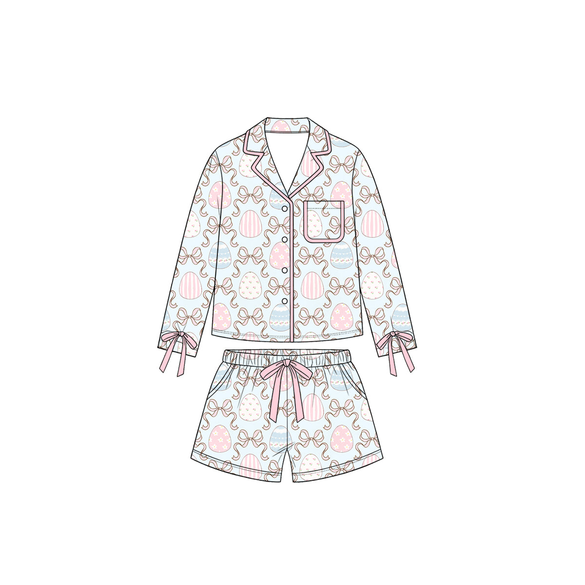 Preorder moq5 Women  Light Blue Bow Collared Long-Sleeve Pajama Top & Elastic-Waist Shorts Set