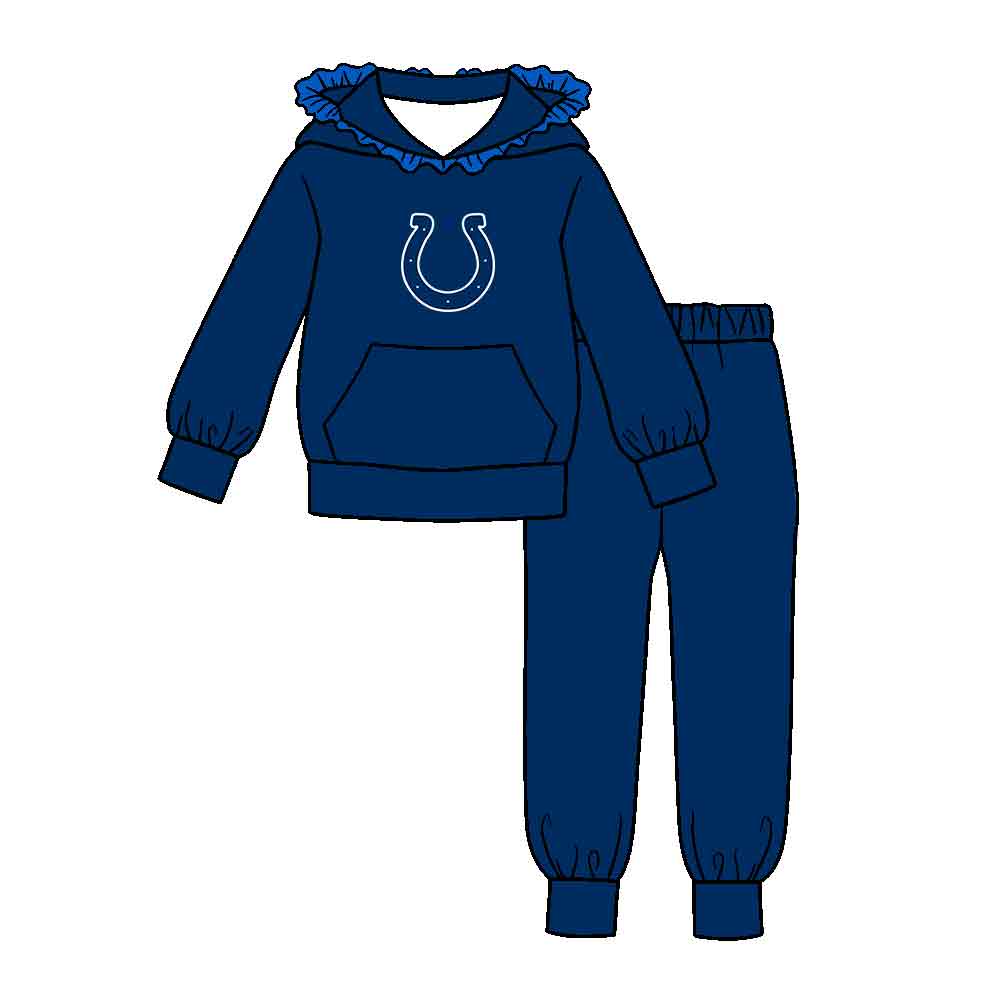 Preorder (moq 5)Baby Girls Navy Colts Pocket Ruffle Hoodie Joggers Team Clothes Set