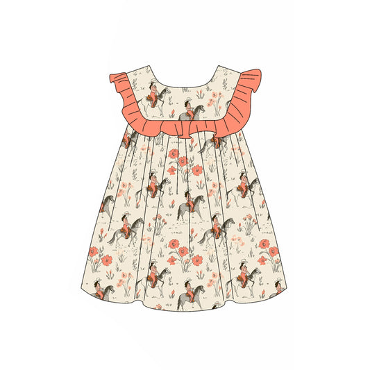 Preorder (moq 5)Baby Girls Peach Sleeveless Horse Rodeo Floral Round Collar Knee Length Dresses