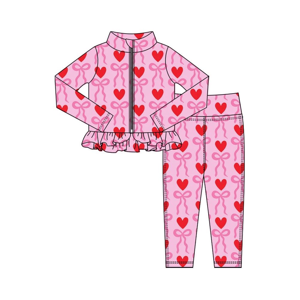Preorder (moq 5) Baby Girl Clothes Valentines Heart Bow Print Zip Up Ruffle Top Legging Set