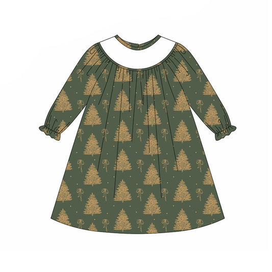 Preorder (moq 5)Baby Girls Green Bows Trees Christmas Knee Length Dresses