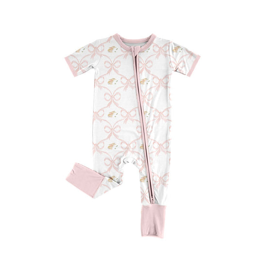 Preorder(moq 8)Baby Girls Rabbits Bows Checked Easter Zipper Footie Rompers