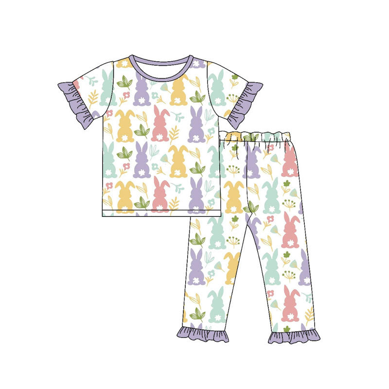 Preorder(moq 5) Baby Girls Colorful Rabbits Flowers Top Ruffle Pants Easter Pajamas Sets