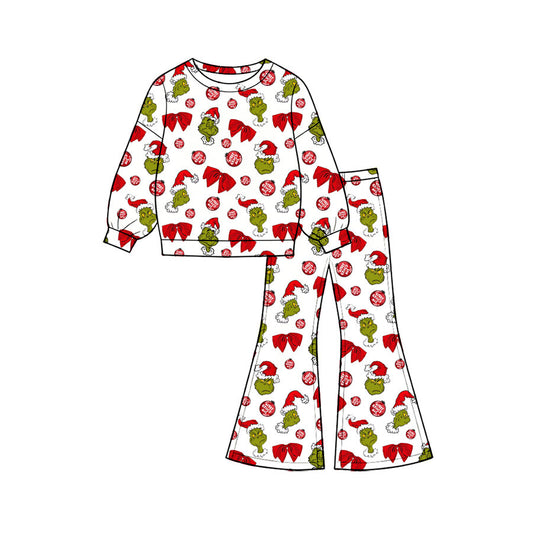 Preorder (moq 5)Baby Girls Green Frogs Bows Top Flare Pant Christmas Clothes Set