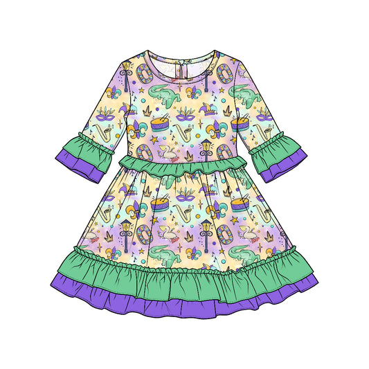 Preorder moq5  Girls’ Mardi Gras Ruffle Long-Sleeve Dress, Cute Dinosaur Mask Print Holiday Party Dress