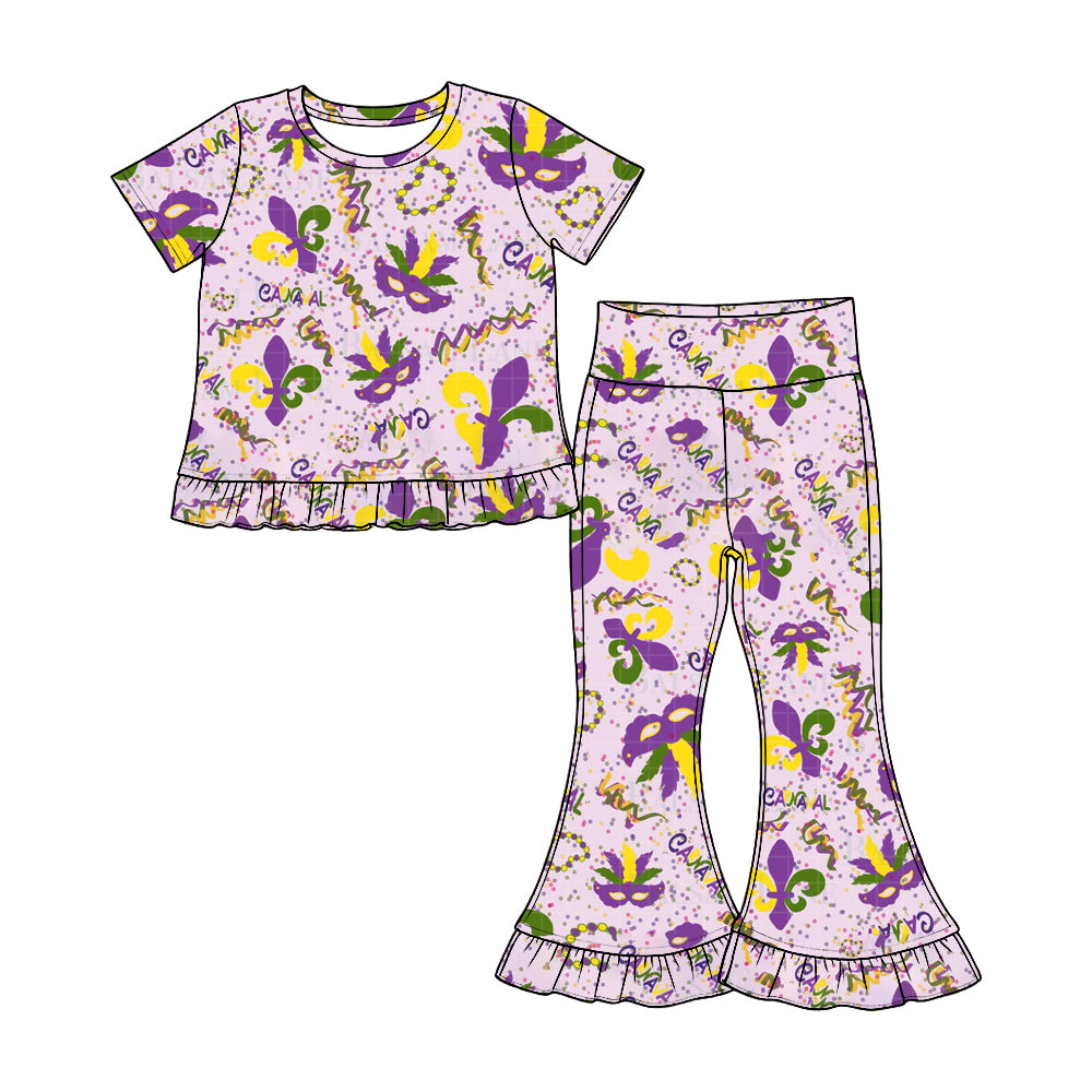 Preorder(moq 5) Girls Ruffle Short Sleeve Top & Ruffle Flare Pants Set Kids Two‑Piece Casual Outfit Set