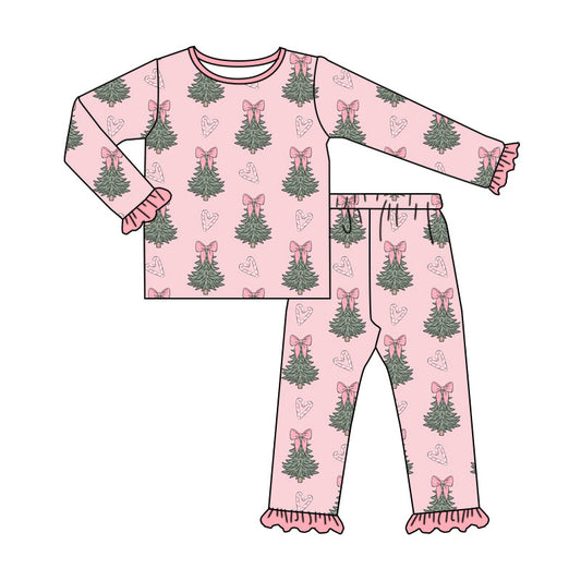 Preorder (moq 5)Baby Girls Candy Cane Trees Top Ruffle Pant Christmas Clothes Set