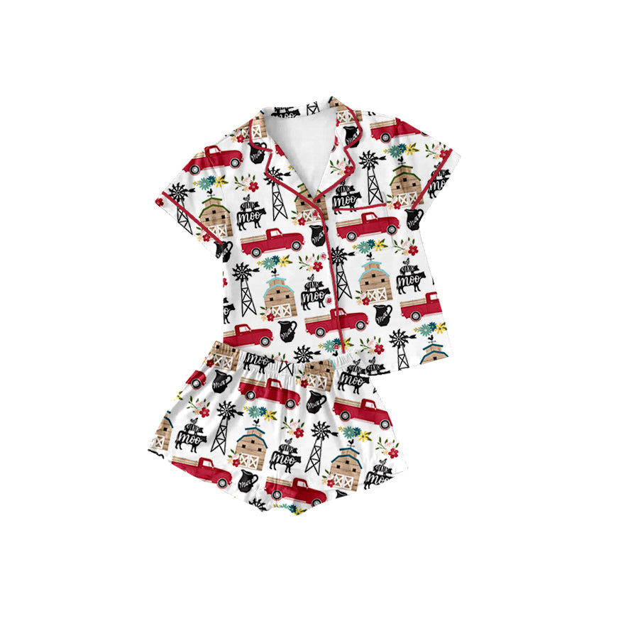 Preorder (moq 5)Baby Girls Farm House Lapel Button Shirt Top Shorts Pajamas Outfits