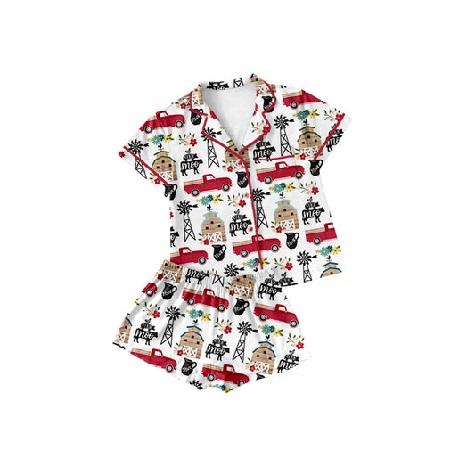 Preorder (moq 5)Baby Girls Farm House Lapel Button Shirt Top Shorts Pajamas Outfits