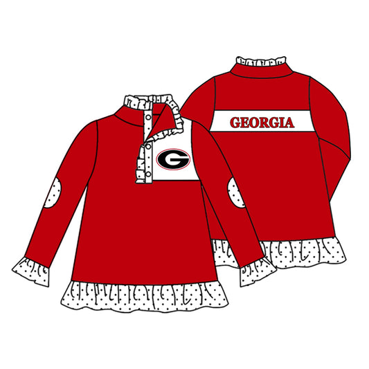 Preorder (moq 5)Baby Girls Red Long Sleeve Georgia Button Ruffle Team Pullovers Top