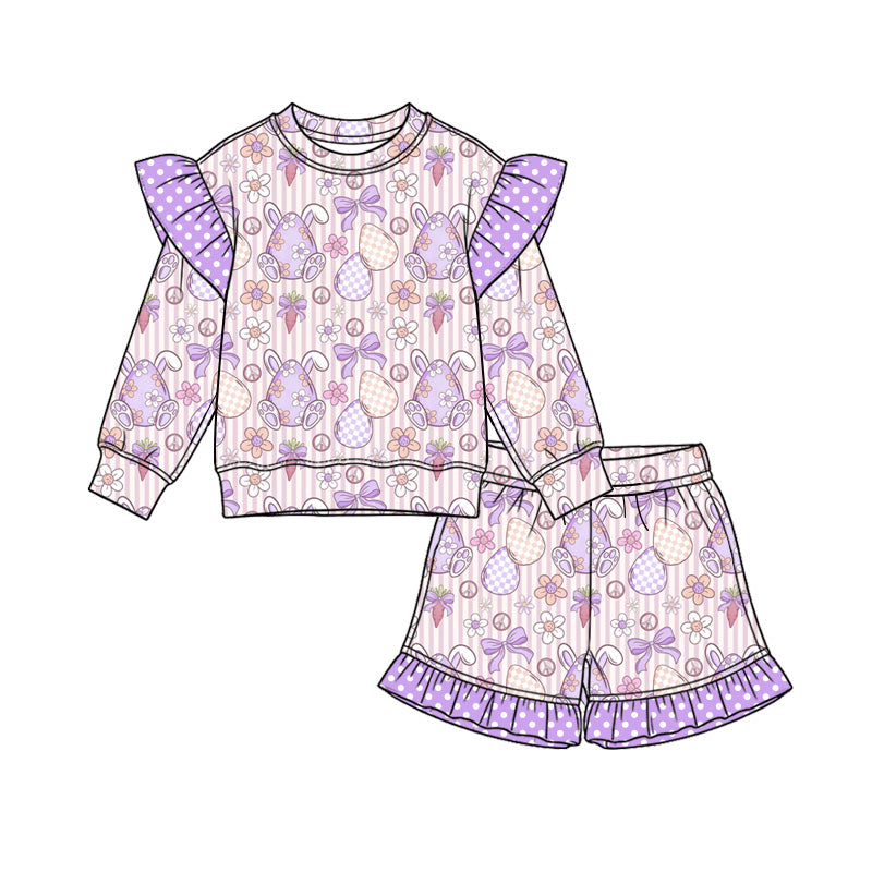 Preorder (moq 5) Baby Girl Clothes Easter Bunny Egg Stripe Mixed Print Long Sleeve Ruffle Shoulder Ruffle Short Set