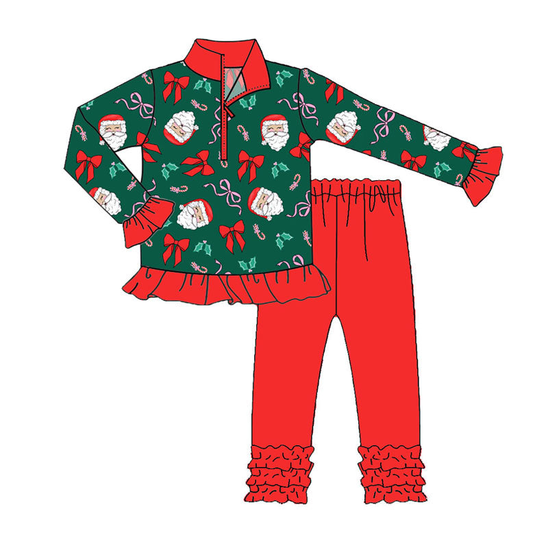 Preorder (moq 5)Baby Girls Santa Bows Holly Zipper Pullover Ruffle Leggings Christmas Clothes Sets