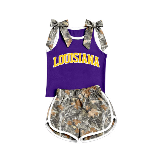 Preorder (moq 5) Baby Girls Camo Bows Sleeveless Louisiana Vest Short Team Clothes Set