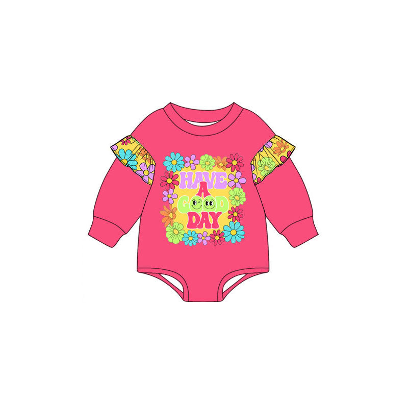 Preorder (moq 5) Baby Girl Clothes Colorful Floral Letter Graphic Mixed Print Long Sleeve Ruffle Sleeve Baby Bodysuit
