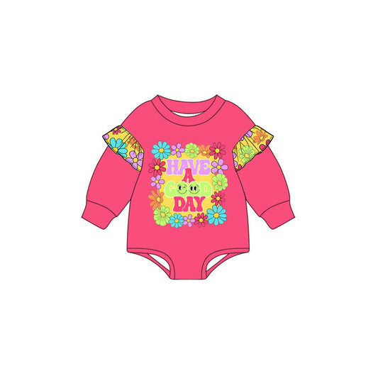 Preorder (moq 5) Baby Girl Clothes Colorful Floral Letter Graphic Mixed Print Long Sleeve Ruffle Sleeve Baby Bodysuit