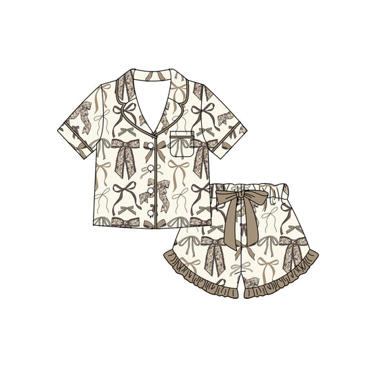 Preorder moq 5 Baby Girls Khaki Camo Bows Button Pocket Top Ruffle Shorts Pajamas Sets