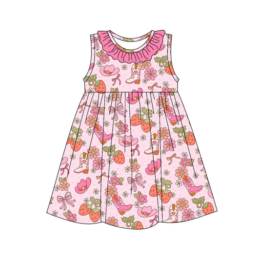 Preorder (moq 5)Baby Girls Hot Pink Sleeveless Hats Bows Floral Knee Length Dresses