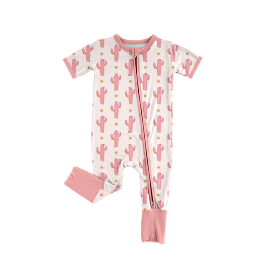 Preorder (moq 5)Baby Boys Short Sleeves Pink Cactus Polka Dots Zipper Rompers