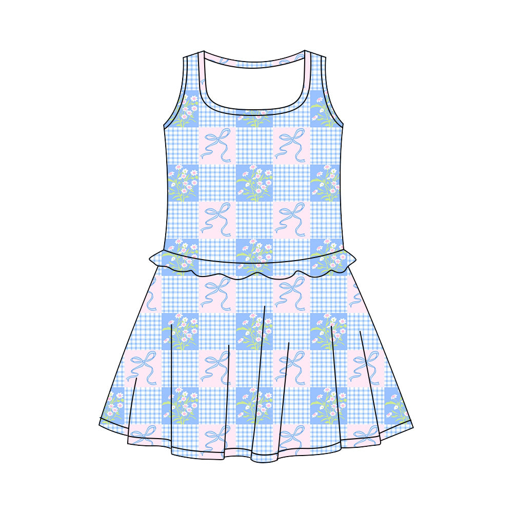 Preorder (moq 5)Baby Girls Sleeveless Blue Flower Bows Checked Knee Length Dresses