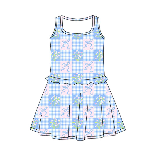 Preorder (moq 5)Baby Girls Sleeveless Blue Flower Bows Checked Knee Length Dresses