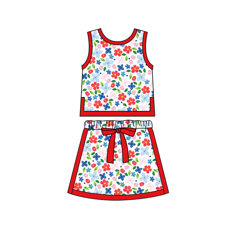 Preorder moq 5 Baby Girls Sleeveless Flowers Plaid Vests Skirt Shorts 4th of July Clothes Set