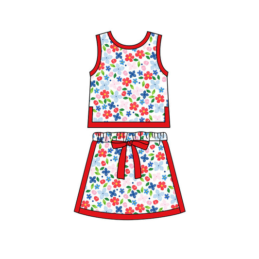 Preorder moq 5 Baby Girls Sleeveless Flowers Plaid Vests Skirt Shorts 4th of July Clothes Set